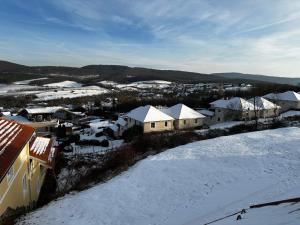 a snow covered city with houses and buildings at Gerecse View Apartman in Dunaszentmiklós