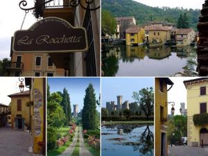 a collage of photos of a town with a river at La Rocchetta in Valeggio sul Mincio