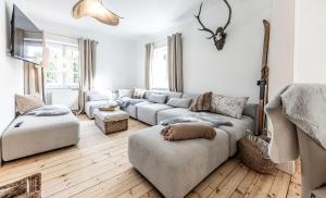 a living room with two couches and a tv at Villa Stella all famous ski areas around us, 15 minutes to salzburg, mountainview in Golling an der Salzach