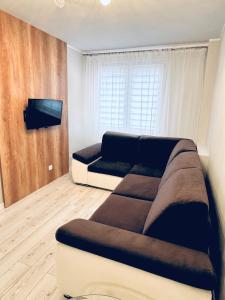 a living room with a couch and a tv at Apartament Harmony in Ełk
