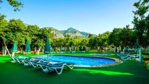 ein Pool mit Stühlen und Sonnenschirmen in einem Park in der Unterkunft CASTLE PARK HOTEL in Beldibi