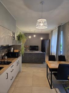 a kitchen with a table and a dining room at Dailidžių apartamentai in Klaipėda
