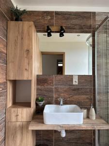 a bathroom with a white sink and a mirror at Chalupa Máša in Liptovský Trnovec +30 photos