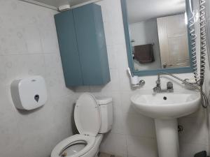 a bathroom with a toilet and a sink with a blue cabinet at Sea House in Busan