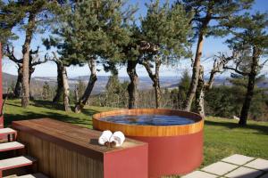 a hot tub in a yard with trees at Casa das Penhas Douradas - Burel Expedition Hotel in Manteigas
