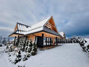 a house covered in snow with trees in the yard at Biołe Izby in Poronin