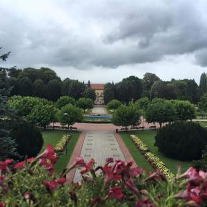 vista su un parco alberato e su un edificio di Apartment ZiZ a Banja Koviljača