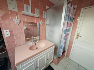 a bathroom with a sink and a mirror at Gîte les Hortensias in Marquise