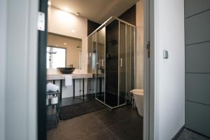 a bathroom with a shower and a sink and a toilet at Santo Thyrso Villas in Santo Tirso