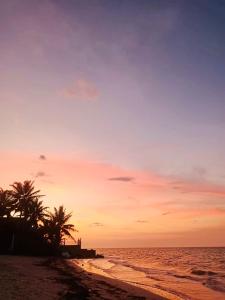 a sunset on a beach with palm trees and the ocean at Cabañas Puertas del Sol in Telchac