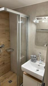 a bathroom with a shower and a white sink at Mellau Appartments 220 in Mellau +18 photos