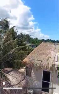 a building with a straw roof with palm trees at Cabañas Puertas del Sol in Telchac