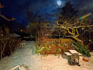 a snow covered garden with two benches and flowers at Villa mit Garten 4 Personen in Nuremberg