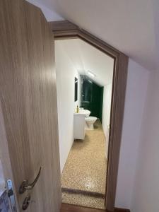 a door to a bathroom with a sink and a toilet at Cabana Lake View in Bălceşti +51 photos