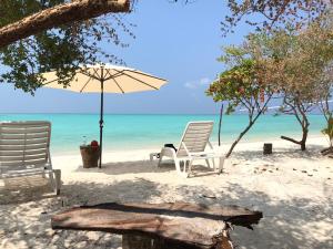 two chairs and an umbrella on the beach at Coral stone in Bileffahi