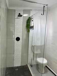 a bathroom with a shower and a toilet at Ocean Village - No Sea View in Amanzimtoti