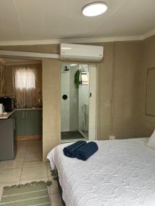 a bedroom with a bed and a bathroom with a shower at Ocean Village - No Sea View in Amanzimtoti