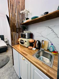 a kitchen counter with a sink and a microwave at Sweet cozy studio ultracentral in Cluj-Napoca