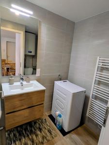 a bathroom with a sink and a washing machine at Escale Im Elsass in Mutzig +12 photos