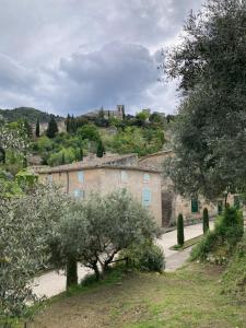 a group of buildings and trees on a hill at Belle de Nuit in Oppède