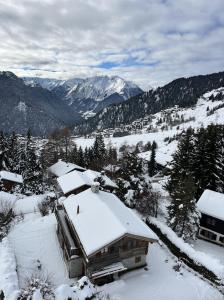 a house covered in snow on a snowy mountain at La Tzoumaz Lodge in La Tzoumaz