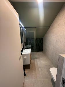 a bathroom with a sink and a toilet and a mirror at Cabana Aurora in Topliţa