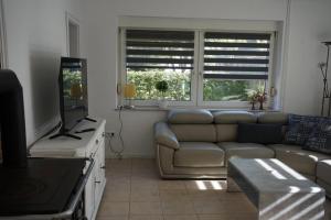 a living room with a couch and a television at Ferienhaus Alex in Großefehn 