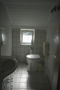 a bathroom with a toilet and a sink and a window at Ferienhaus Alex in Großefehn  +31 photos