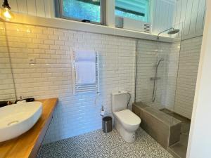 a bathroom with a toilet and a sink and a shower at Abrigos Baleeiros Turismo Rural in Feiteira