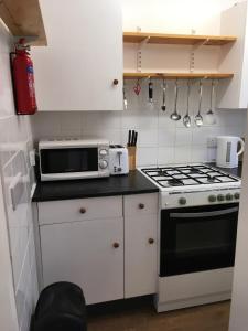 a kitchen with a microwave and a stove at The River Flat in Oxford