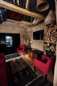 a living room with red chairs and a fireplace at Netri SPA in Zofʼyuvka