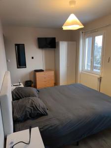a bedroom with a bed and a dresser and a television at Notre Dame d'Orgemont - Bleu Nuit 4 in Argenteuil