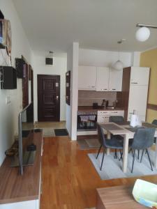 a kitchen and living room with a table and chairs at Apartman Foka Spa in Brzeće