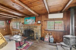 a living room with a fireplace and wooden walls at Idyllwild Realty Vacations in Idyllwild
