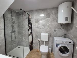 a bathroom with a shower toilet and a washing machine at Apartman Meghan in Pula