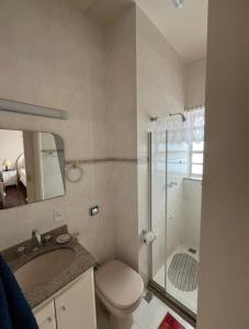 a bathroom with a shower and a toilet and a sink at Recanto da Serra Imperial in Lambari +16 photos