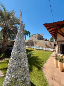 a silver christmas tree in the yard of a house at lo de Leo in Concordia