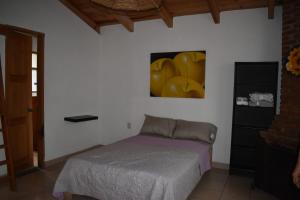 a bedroom with a bed and a painting on the wall at Loft-style cabin in Avandaro in Valle de Bravo