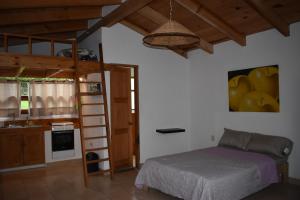 a bedroom with a bunk bed and a kitchen at Loft-style cabin in Avandaro in Valle de Bravo