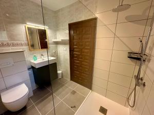 a bathroom with a toilet and a glass shower at ArteVida Andalusia FKK Nudist Holiday with yoga and massage in Mojácar +29 photos