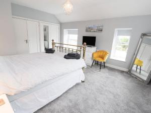 a bedroom with a bed and a tv and a chair at Cae Adar Farm in Wrexham