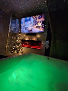 a room with a pool and a tv and a christmas tree at la chambre d'hôte de glad et guigui in Rinxent