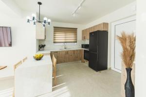 a kitchen with a black refrigerator and a table at Aiolia Villa in Lachania +32 photos