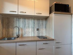 a kitchen with a sink and a refrigerator at Sweet Escape in Bad Pyrmont