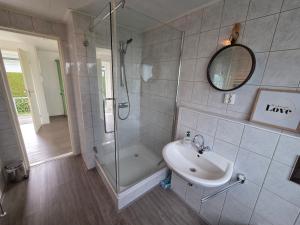 a bathroom with a sink and a shower and a mirror at Chalet Zon & Zee in Zonnemaire