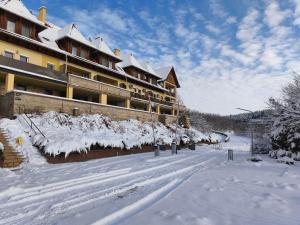 a snow covered street in front of a hotel at Casa Lara Apartman in Egerszalók