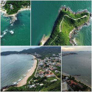 a collage of four pictures of a beach at PENHAFLAT, STUDIO COMPLÉTO, C COZINHA E GARAGEM , A 700 m do parque e 120 m da praia in Penha