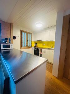 a kitchen with a counter top in a room at Chalet Solaria 2 bedrooms with mountain and garden view in Zweisimmen