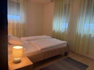 a bedroom with a bed with a lamp and a window at Orchidea Apartmanház Egerszalók in Egerszalók