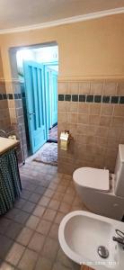 a bathroom with a toilet and a blue door at Domaći Berek in Hlebine +10 photos
